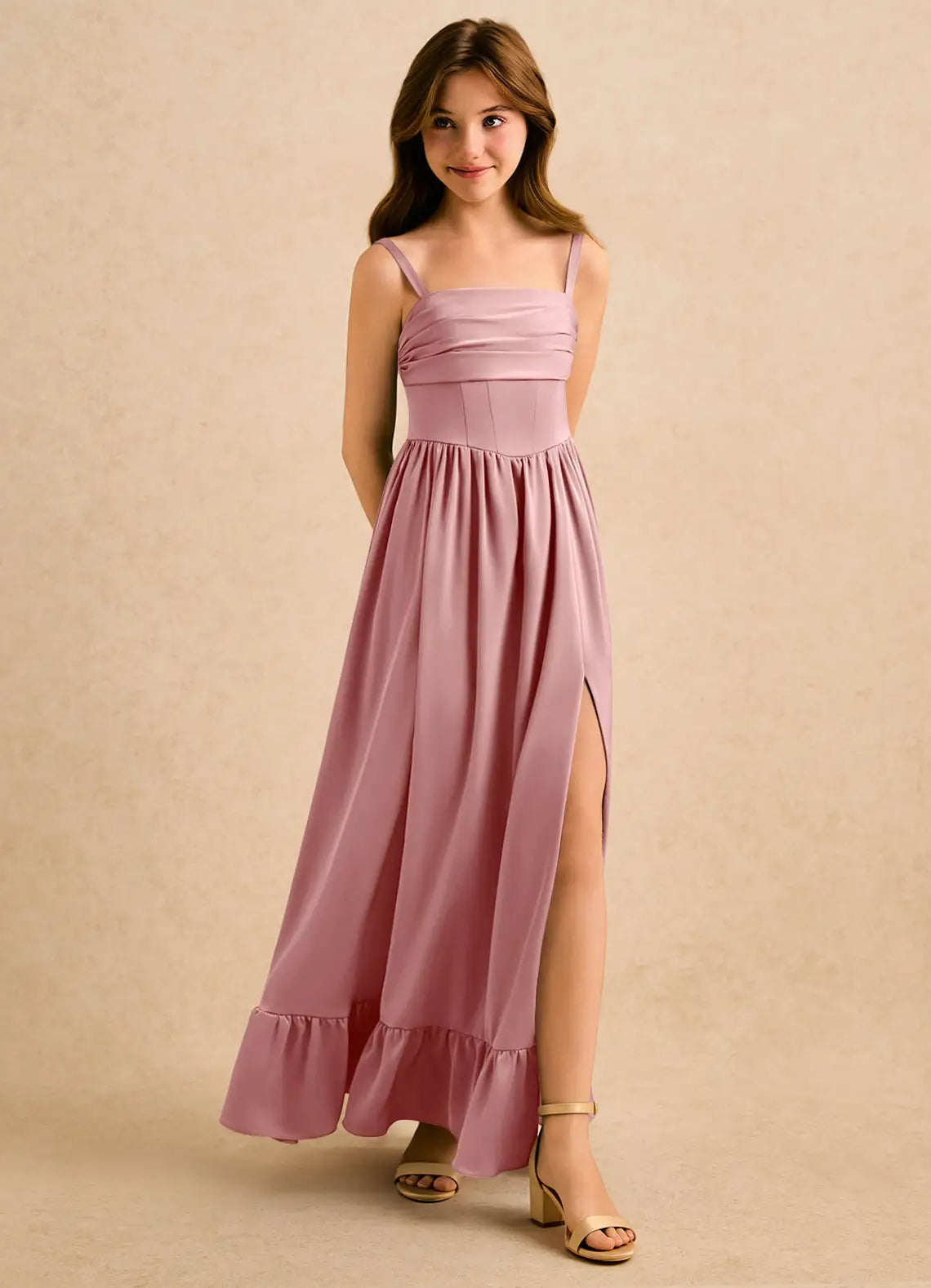 Spaghetti Strap Dusty Rose Satin Full-Length Junior Bridesmaid Dresses with Corset Bodice, Ruffle Hem and Back Bow
