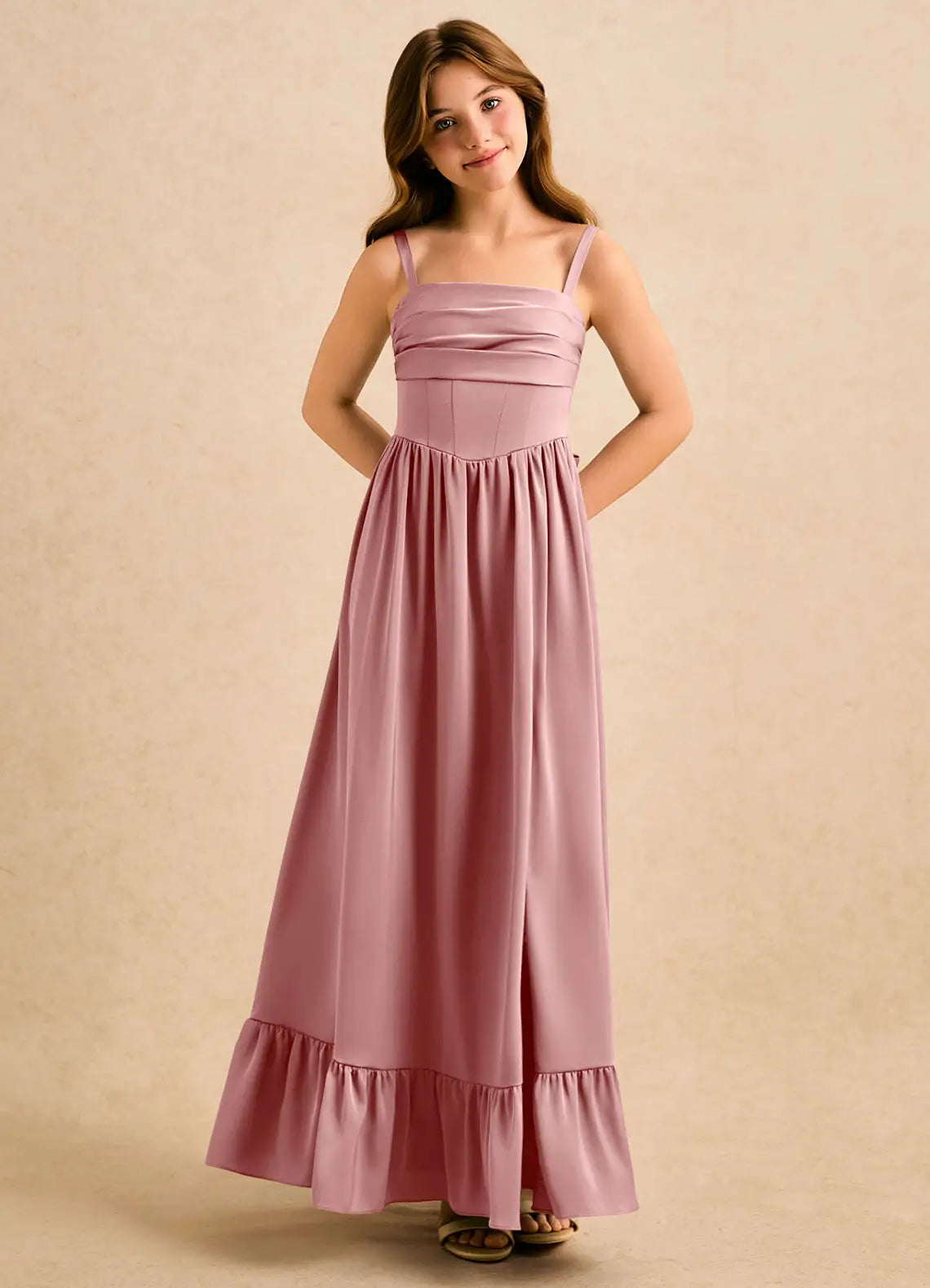 Spaghetti Strap Dusty Rose Satin Full-Length Junior Bridesmaid Dresses with Corset Bodice, Ruffle Hem and Back Bow