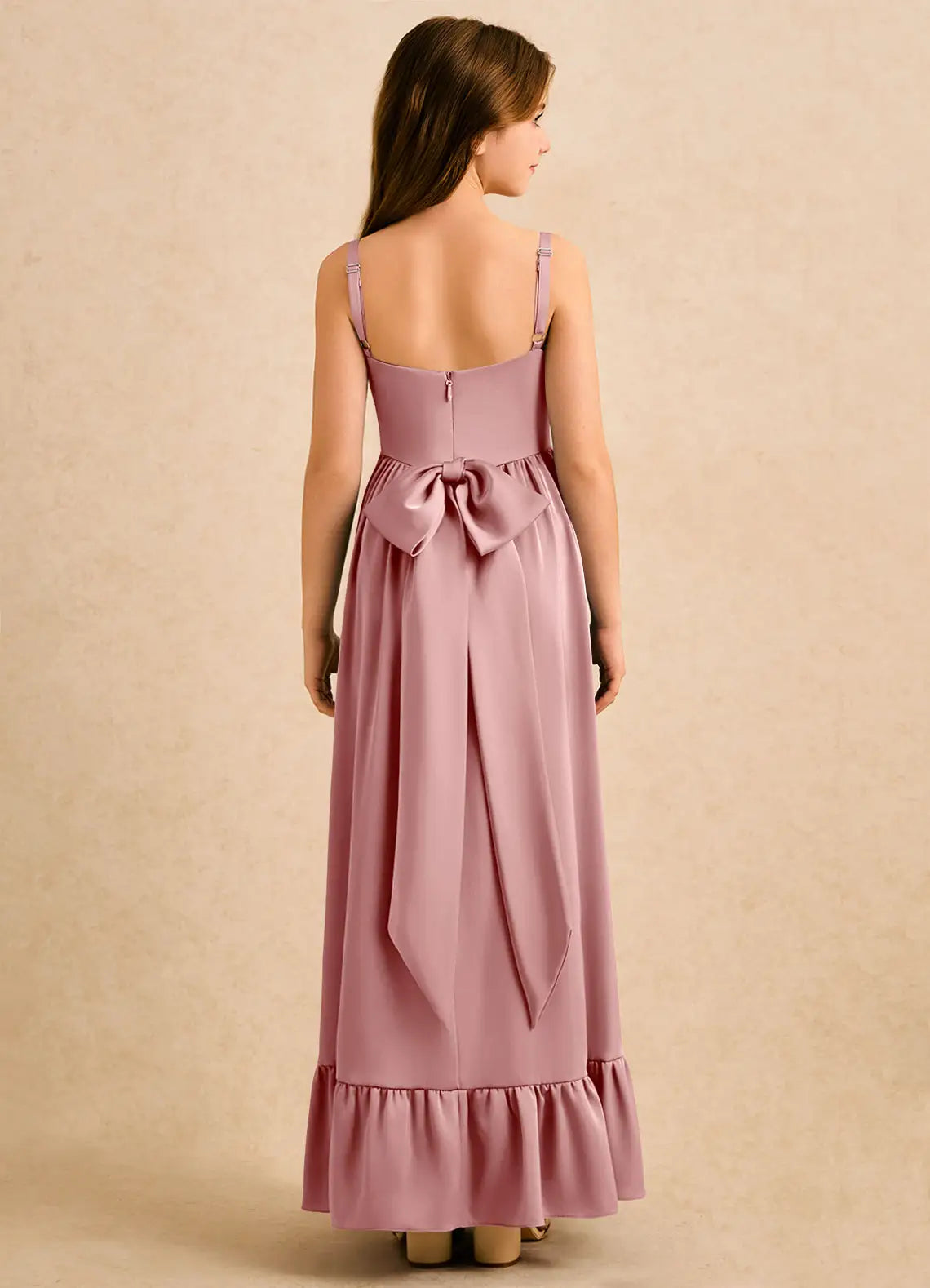 Spaghetti Strap Dusty Rose Satin Full-Length Junior Bridesmaid Dresses with Corset Bodice, Ruffle Hem and Back Bow