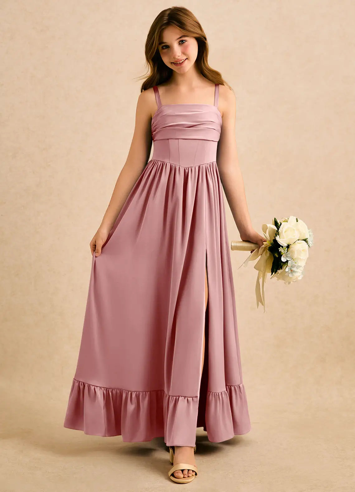 Spaghetti Strap Dusty Rose Satin Full-Length Junior Bridesmaid Dresses with Corset Bodice, Ruffle Hem and Back Bow