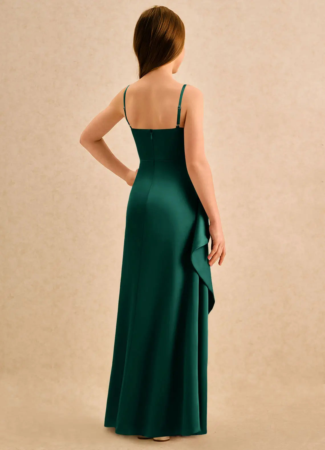 Square Spaghetti Strap Emerald Green Satin Full-Length Junior Bridesmaid Dresses with Ruched Skirt and Side Ruffle Slit