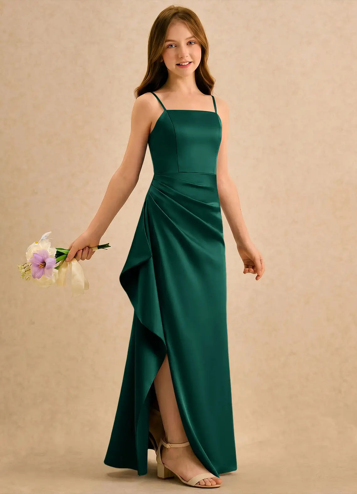 Square Spaghetti Strap Emerald Green Satin Full-Length Junior Bridesmaid Dresses with Ruched Skirt and Side Ruffle Slit