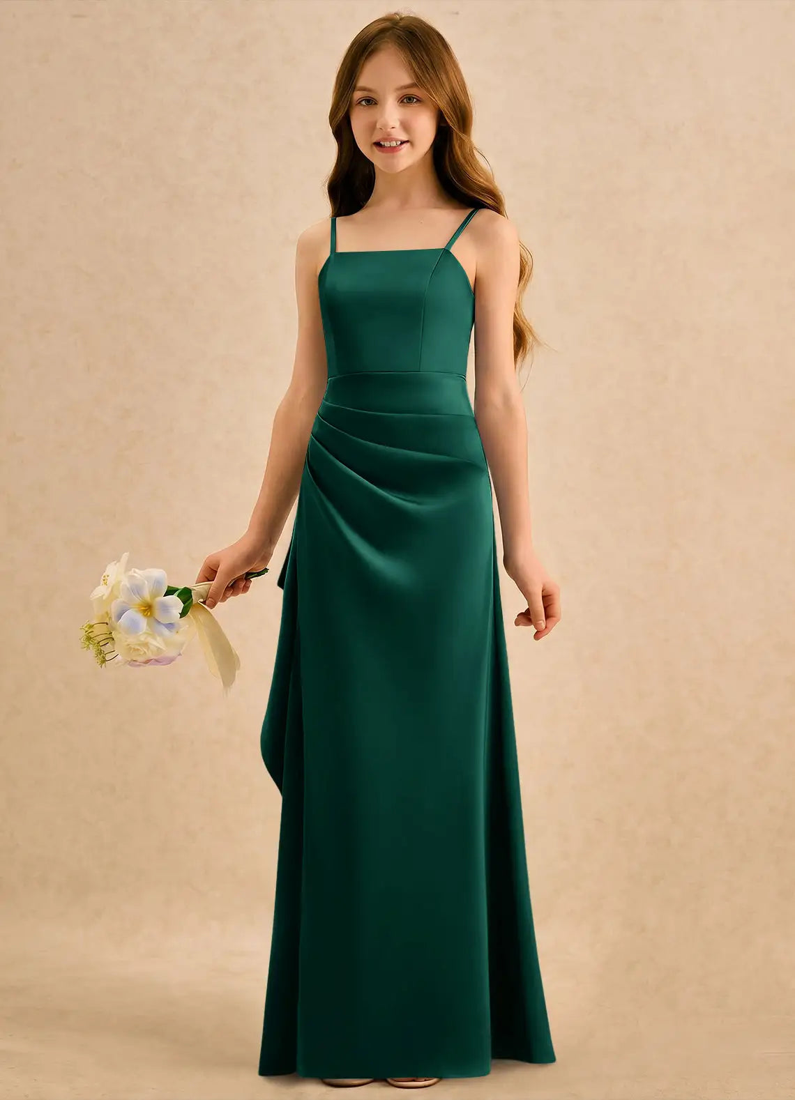 Square Spaghetti Strap Emerald Green Satin Full-Length Junior Bridesmaid Dresses with Ruched Skirt and Side Ruffle Slit