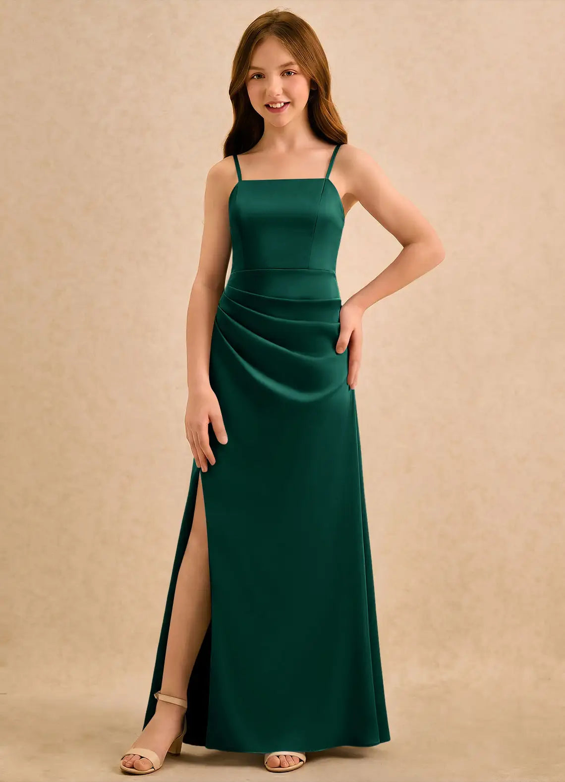 Square Spaghetti Strap Emerald Green Satin Full-Length Junior Bridesmaid Dresses with Ruched Skirt and Side Ruffle Slit