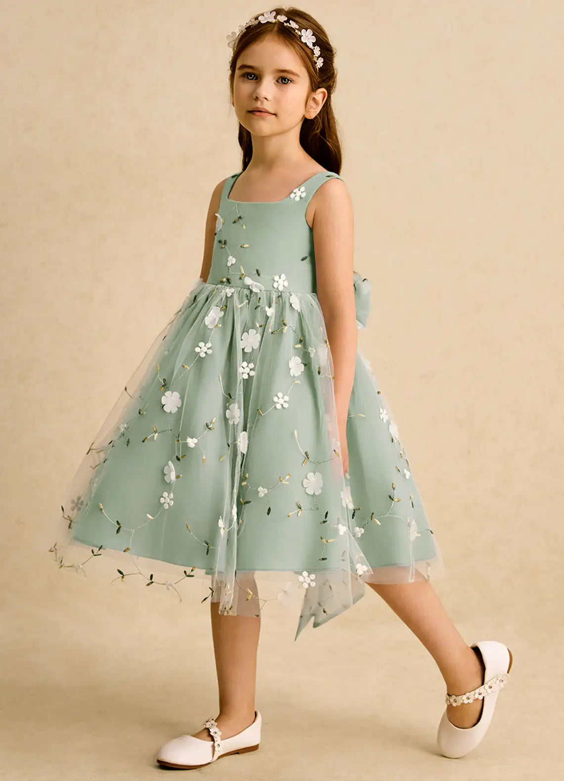 Square Spaghetti Strap V Back Large Satin Bow All Over 3D Floral Sage Green Tulle Midi Flower Girl Dresses