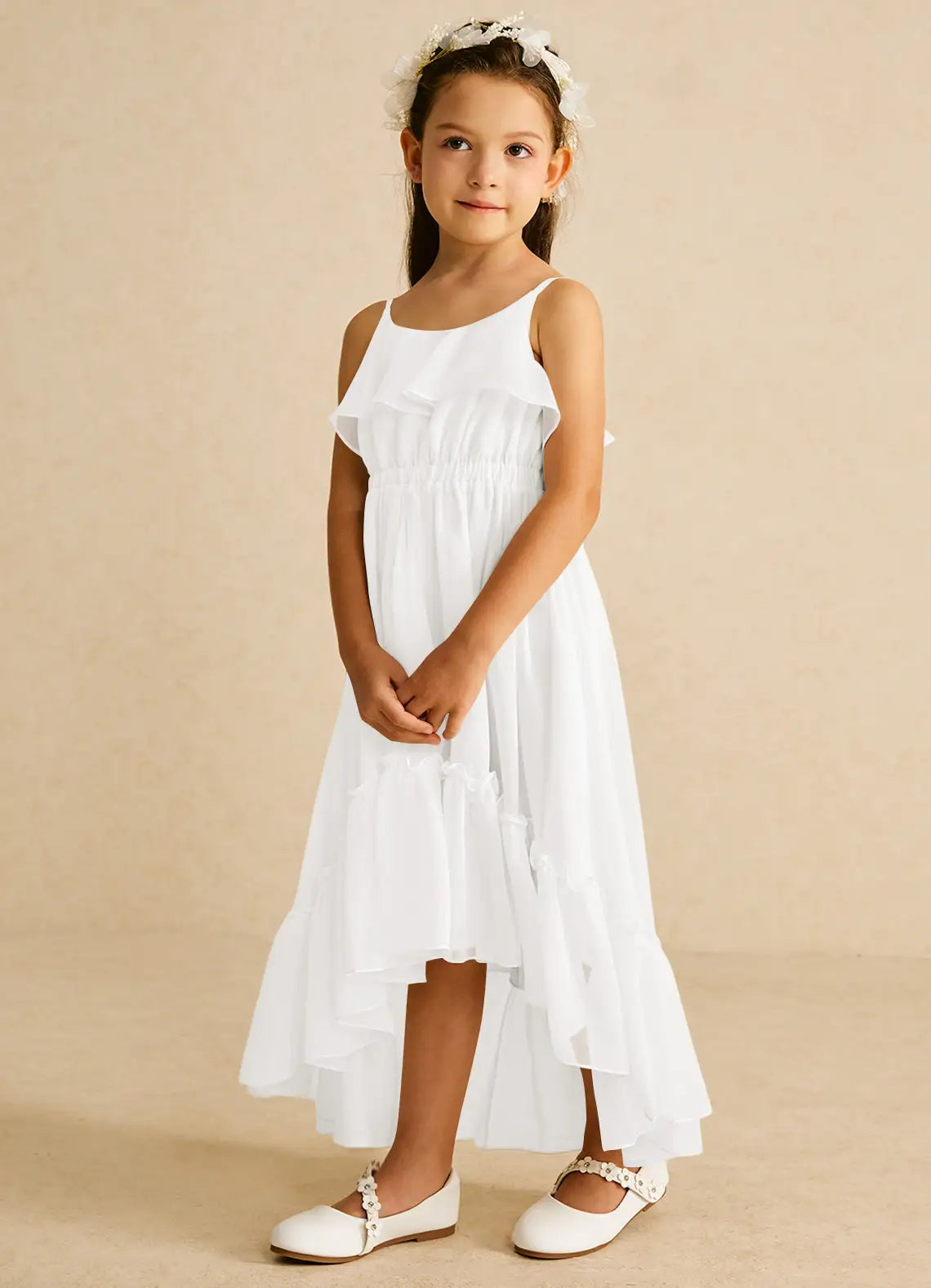 Square Spaghetti Strap White Chiffon Hi-Low Midi-Length Flower Girl Dresses with Ruffle Tier