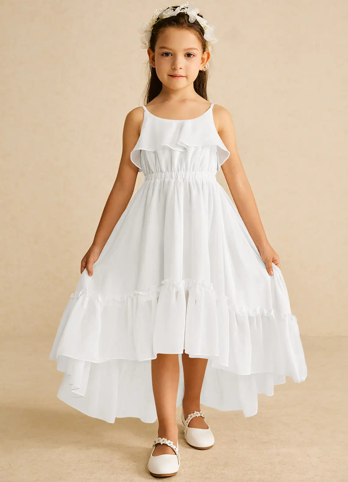 Square Spaghetti Strap White Chiffon Hi-Low Midi-Length Flower Girl Dresses with Ruffle Tier