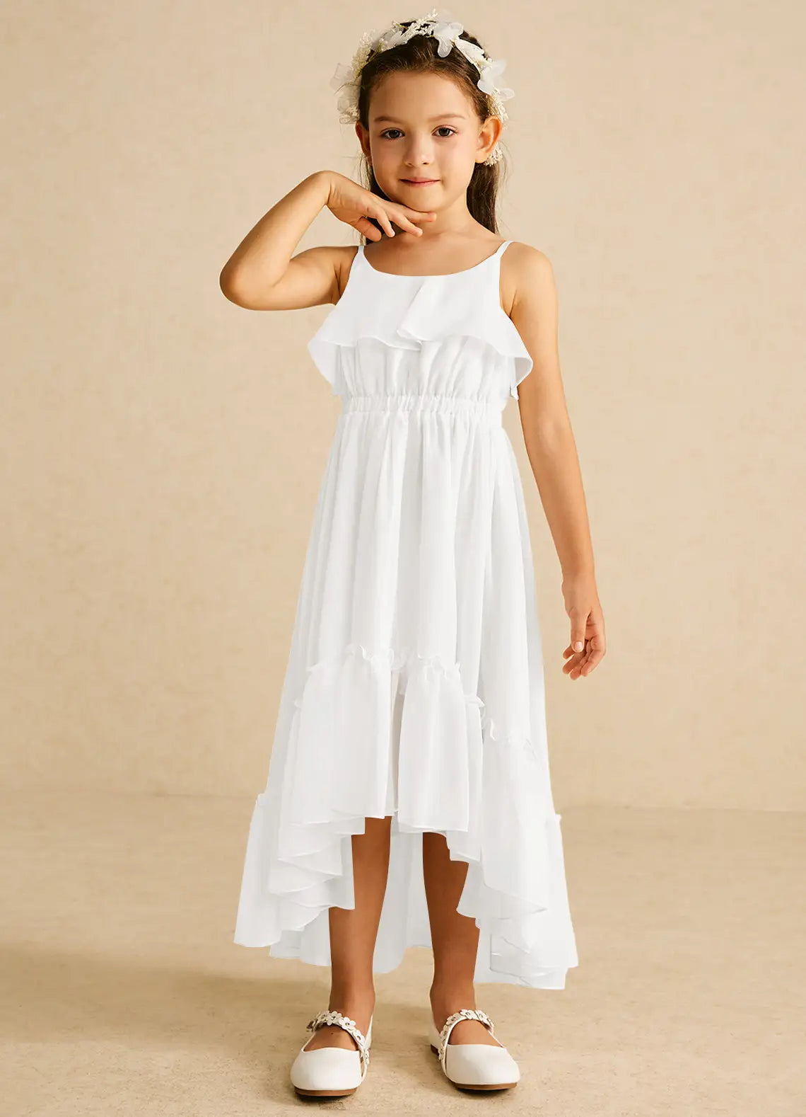 Square Spaghetti Strap White Chiffon Hi-Low Midi-Length Flower Girl Dresses with Ruffle Tier