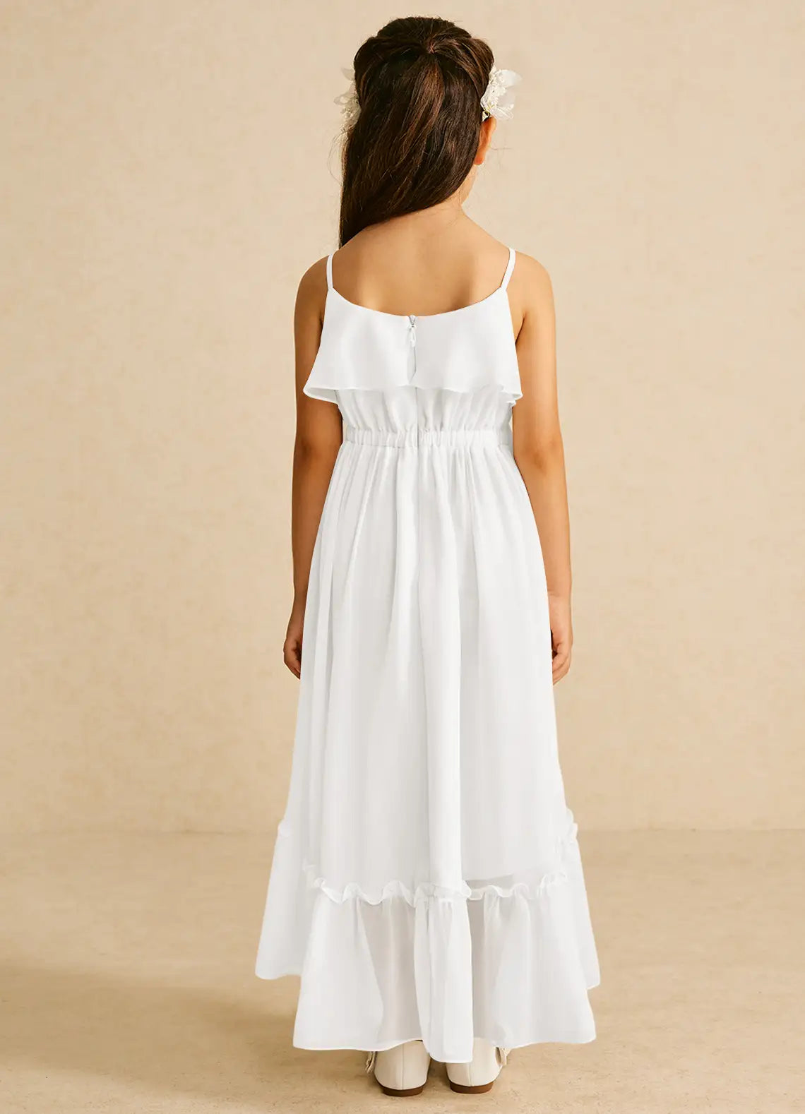 Square Spaghetti Strap White Chiffon Hi-Low Midi-Length Flower Girl Dresses with Ruffle Tier