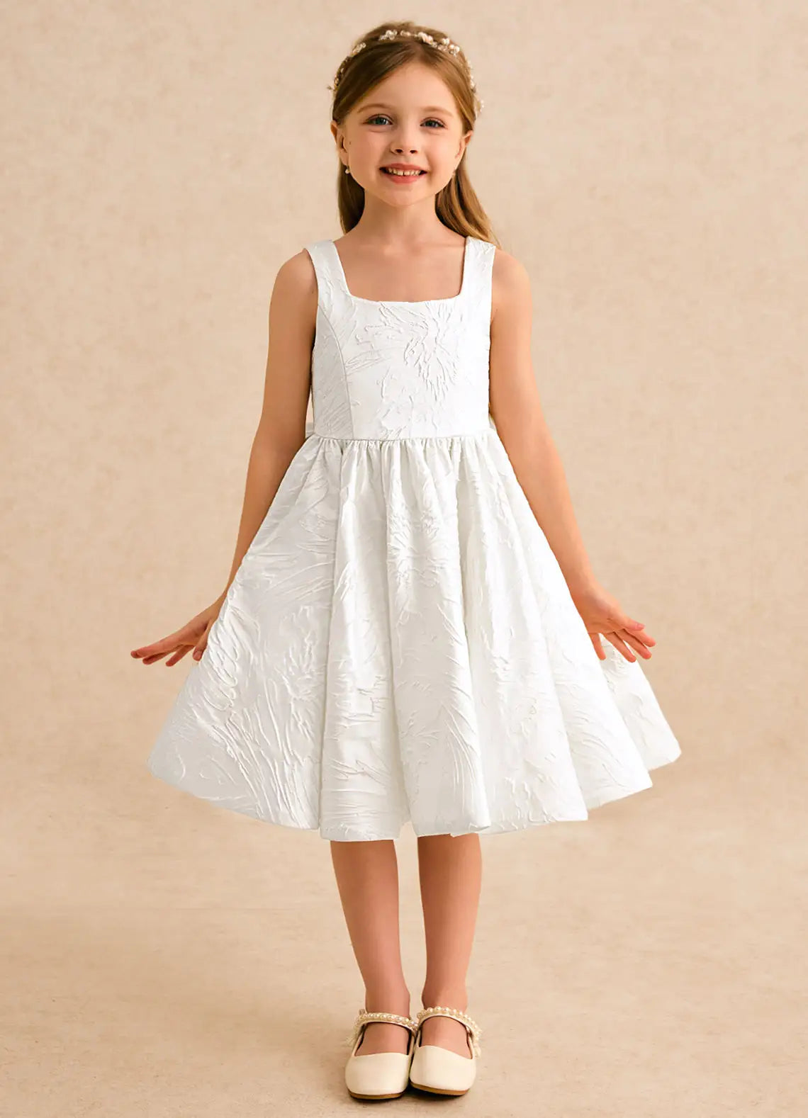 Square Spaghetti Strap White Jacquard Knee-Length Flower Girl Dresses with Heart Cutout Back and Bow