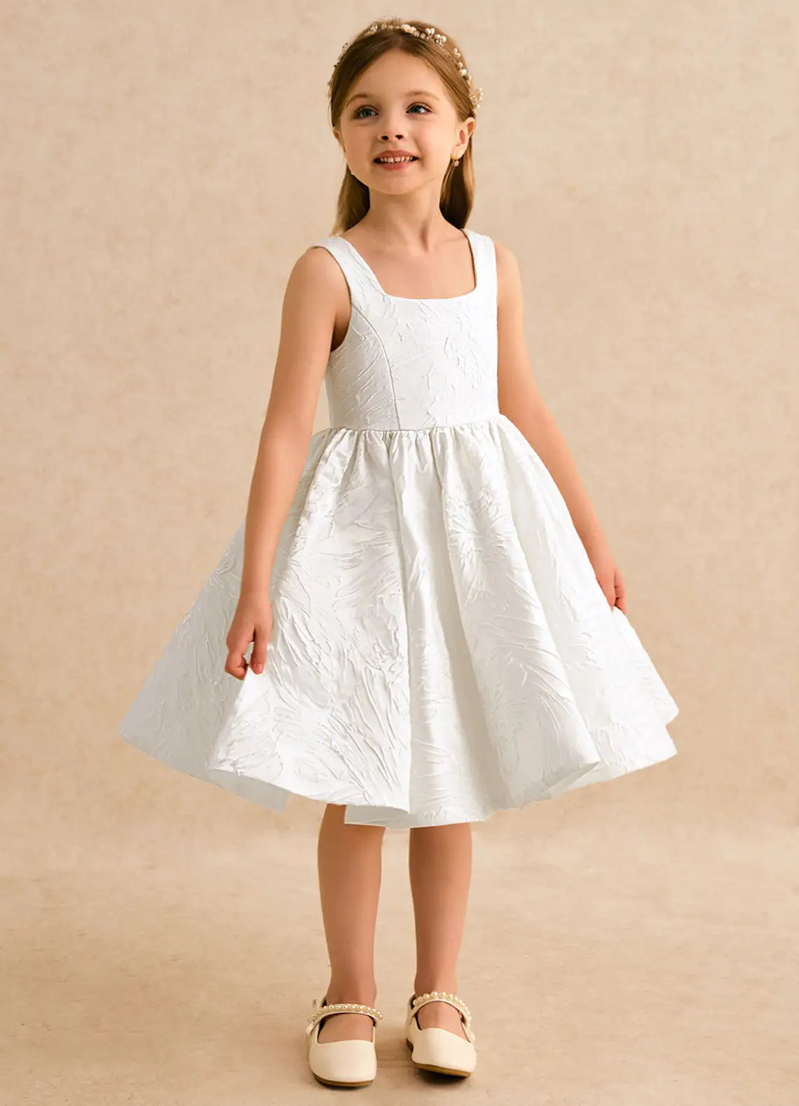 Square Spaghetti Strap White Jacquard Knee-Length Flower Girl Dresses with Heart Cutout Back and Bow