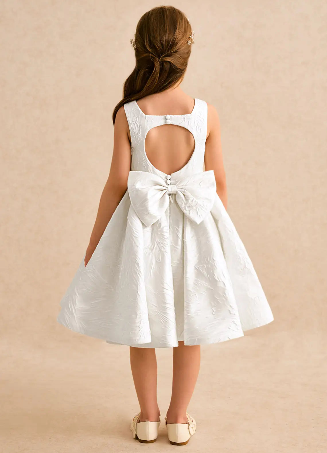 Square Spaghetti Strap White Jacquard Knee-Length Flower Girl Dresses with Heart Cutout Back and Bow