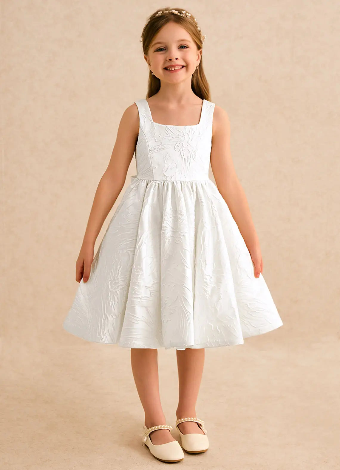 Square Spaghetti Strap White Jacquard Knee-Length Flower Girl Dresses with Heart Cutout Back and Bow