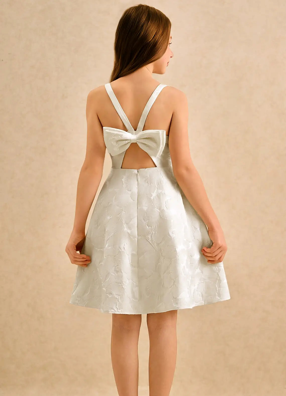 Square Spaghetti Strap White Jacquard Knee-Length Junior Bridesmaid Dresses with V Back Bow