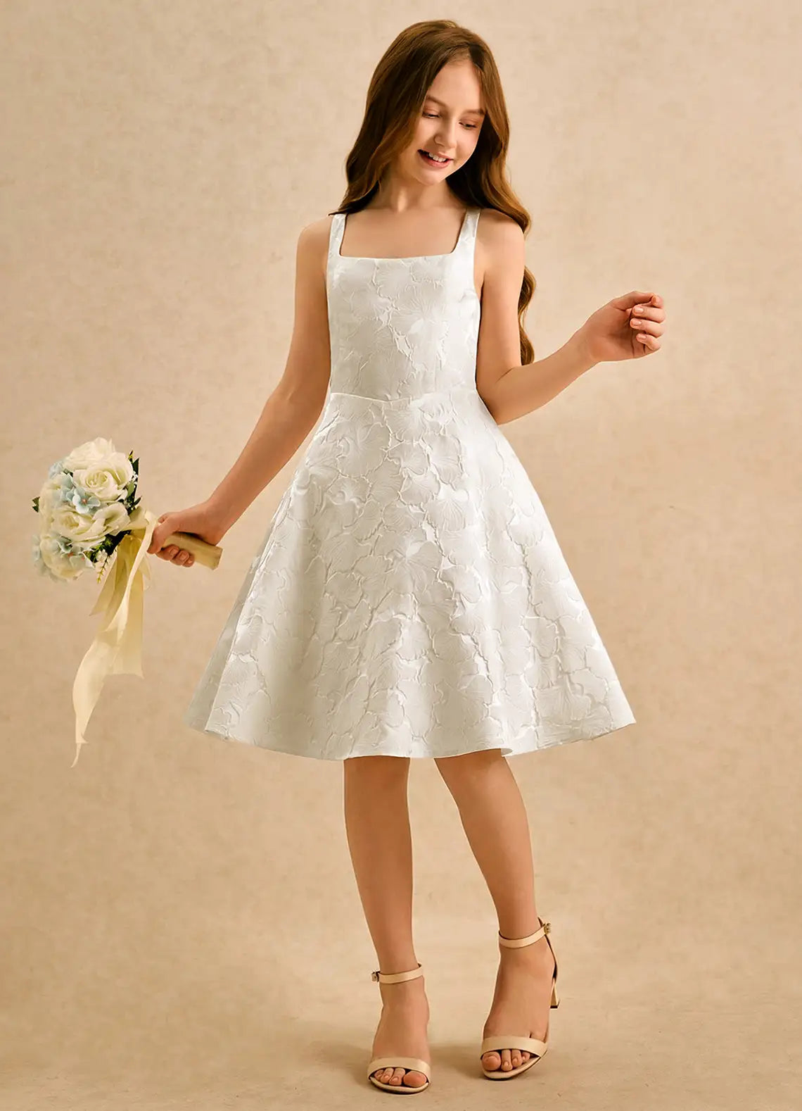 Square Spaghetti Strap White Jacquard Knee-Length Junior Bridesmaid Dresses with V Back Bow