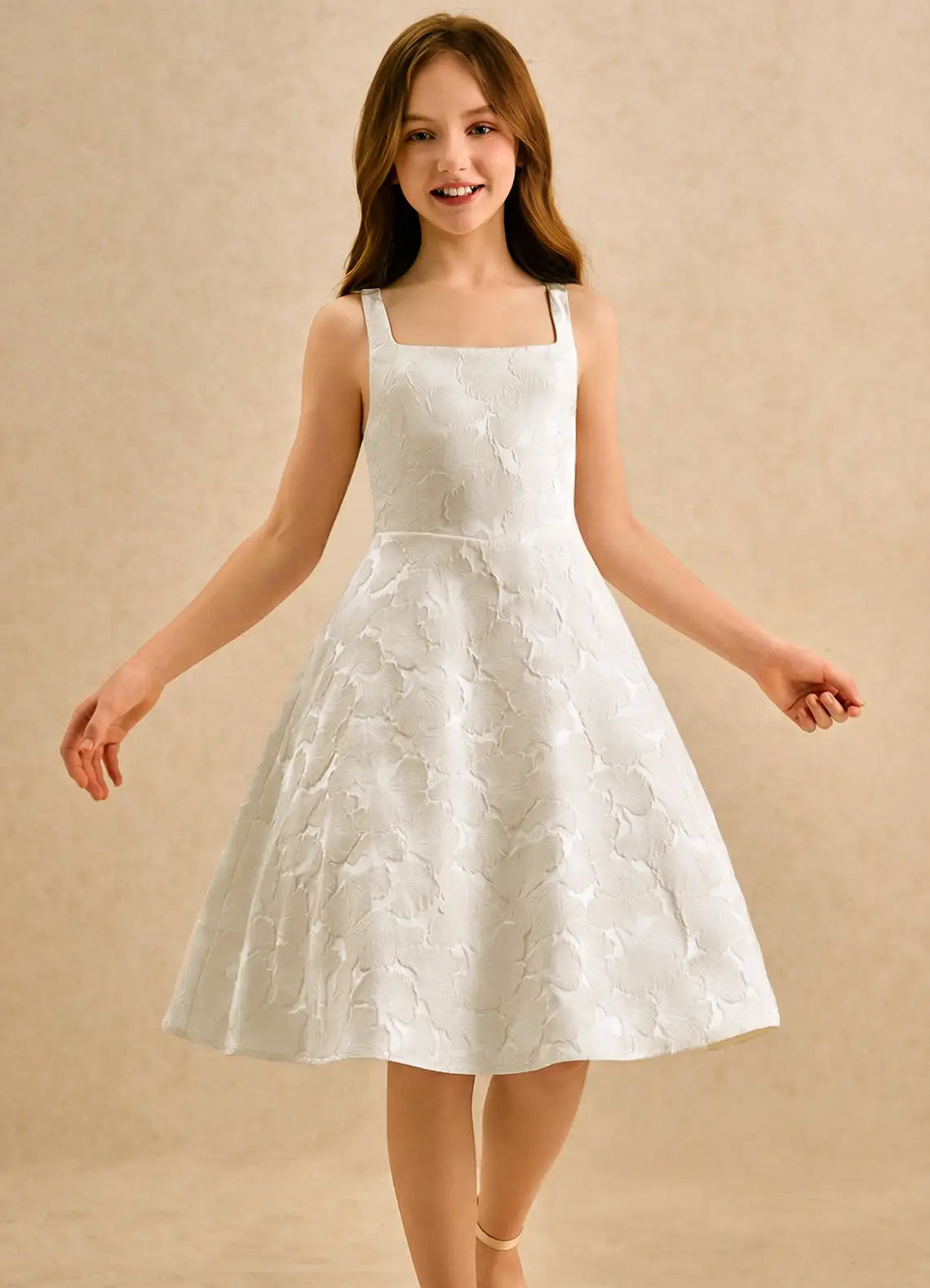 Square Spaghetti Strap White Jacquard Knee-Length Junior Bridesmaid Dresses with V Back Bow