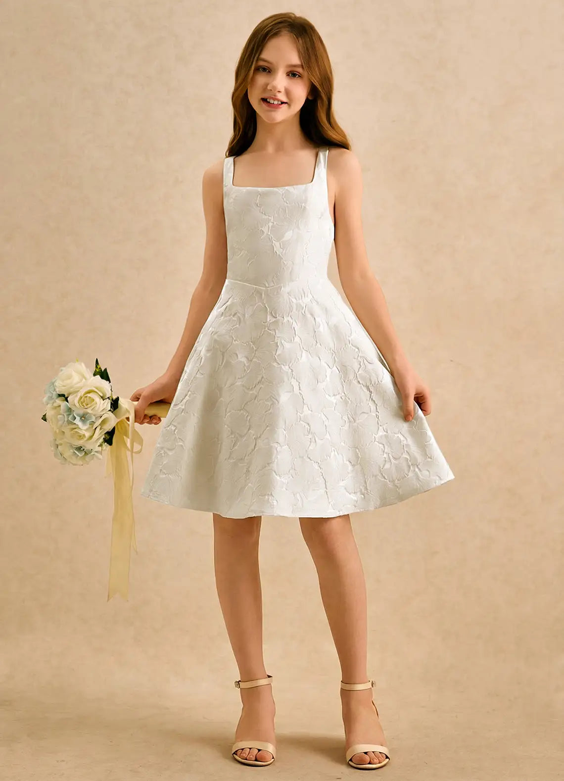 Square Spaghetti Strap White Jacquard Knee-Length Junior Bridesmaid Dresses with V Back Bow