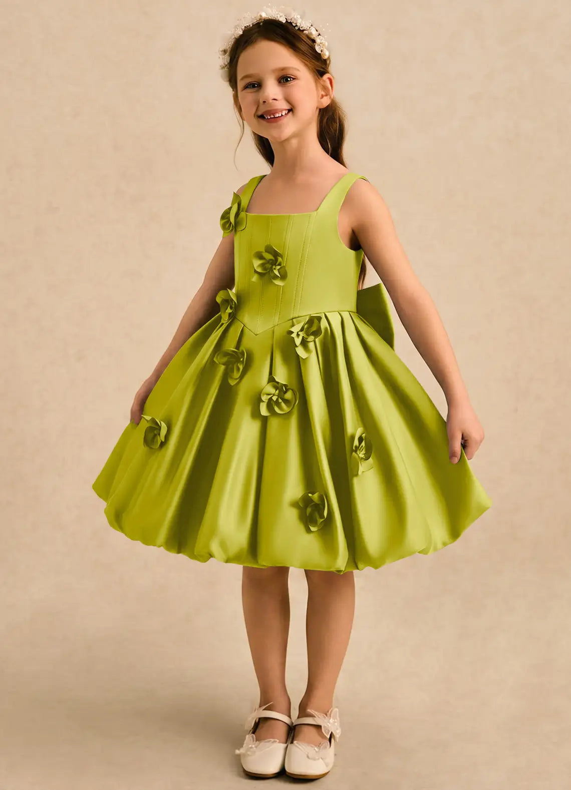 Square Strap Green Satin Knee-Length Flower Girl Dresses with 3D Floral Appliques and Back Big Bow