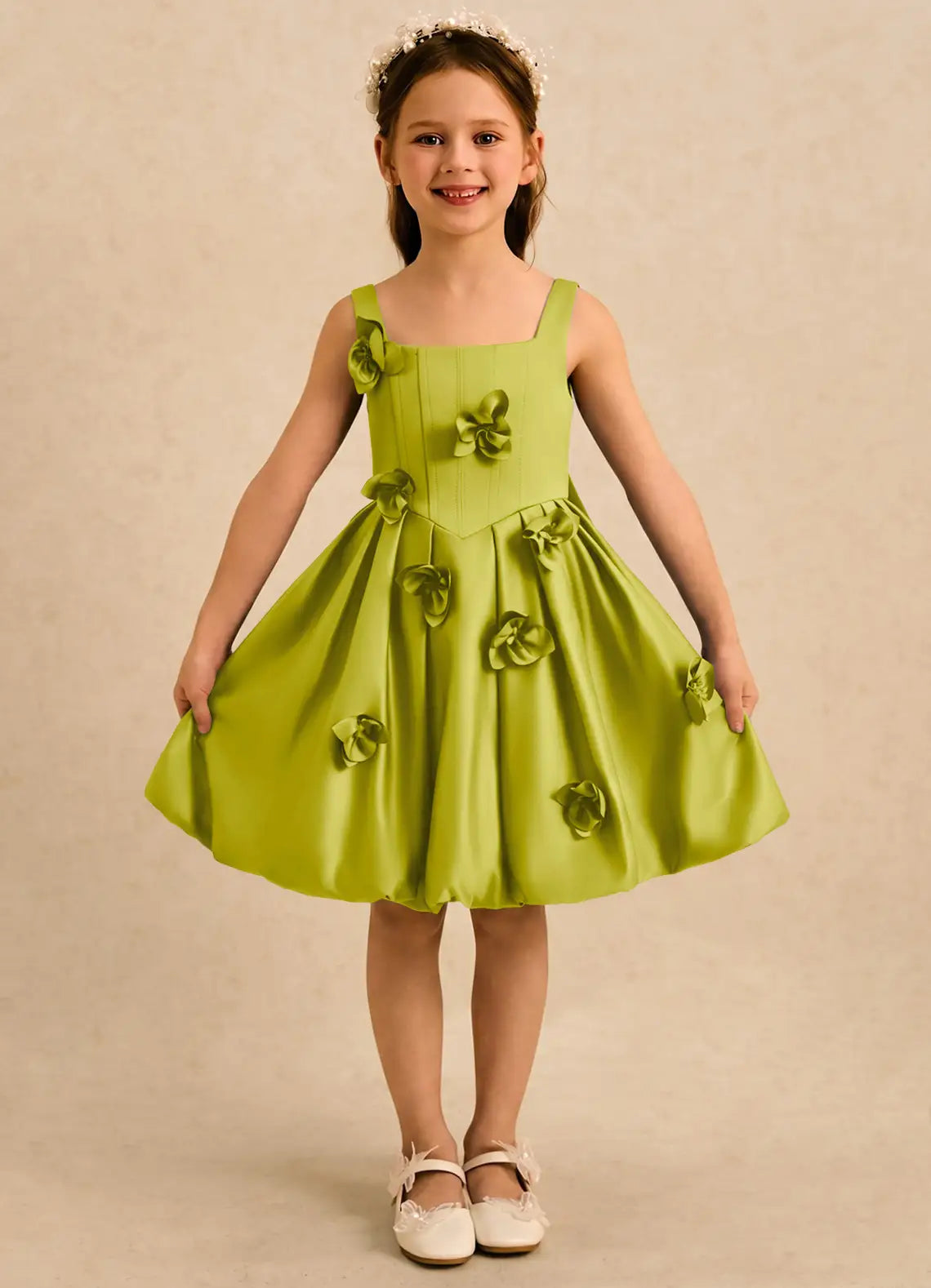 Square Strap Green Satin Knee-Length Flower Girl Dresses with 3D Floral Appliques and Back Big Bow