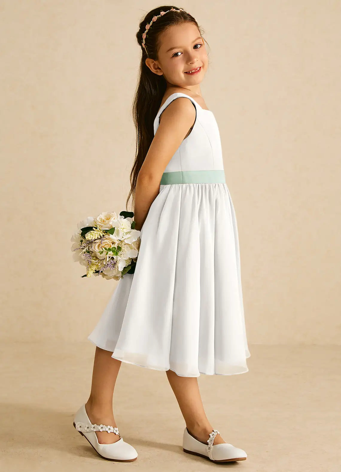 Square Strap Sleeveless White Chiffon Midi-Length Flower Girl Dresses with Sage Satin Waist Sash