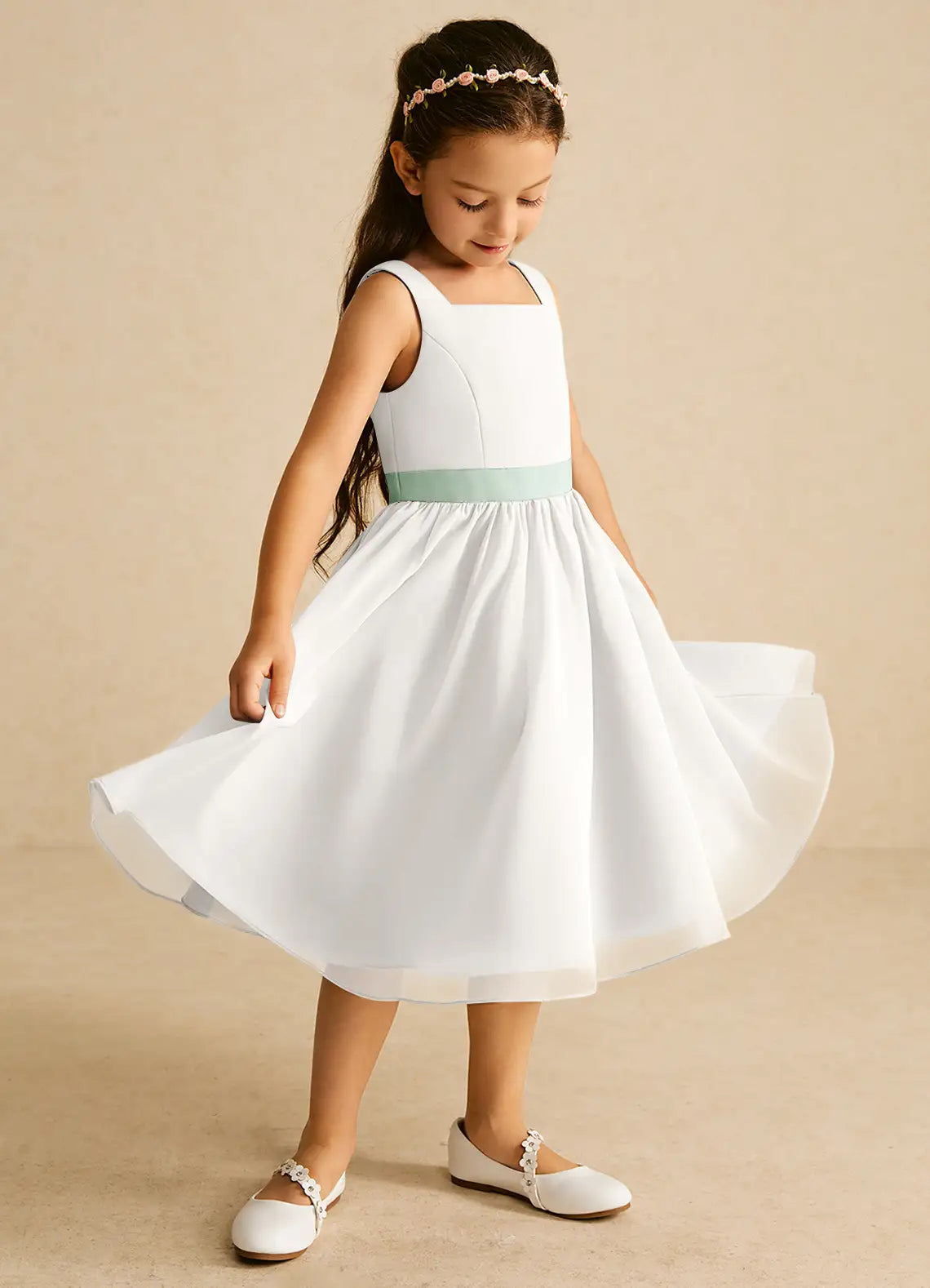 Square Strap Sleeveless White Chiffon Midi-Length Flower Girl Dresses with Sage Satin Waist Sash