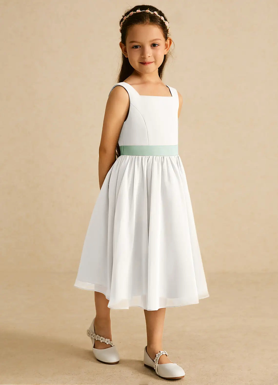 Square Strap Sleeveless White Chiffon Midi-Length Flower Girl Dresses with Sage Satin Waist Sash