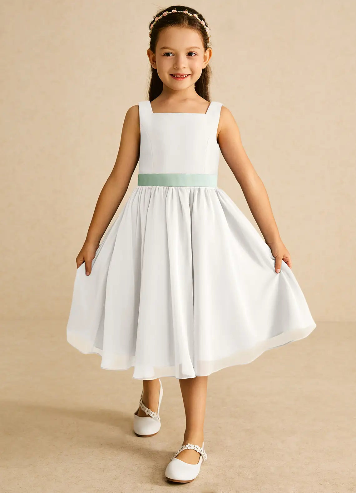 Square Strap Sleeveless White Chiffon Midi-Length Flower Girl Dresses with Sage Satin Waist Sash