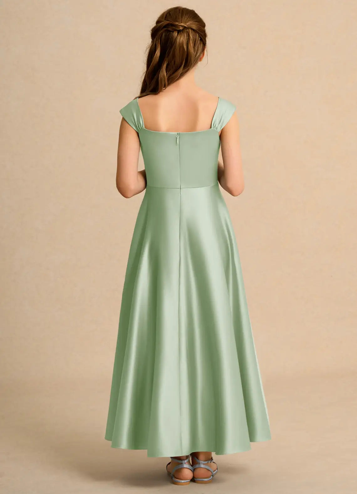 Square Strap Wrap Bodice Sage Green Satin Midi Junior Bridesmaid Dresses