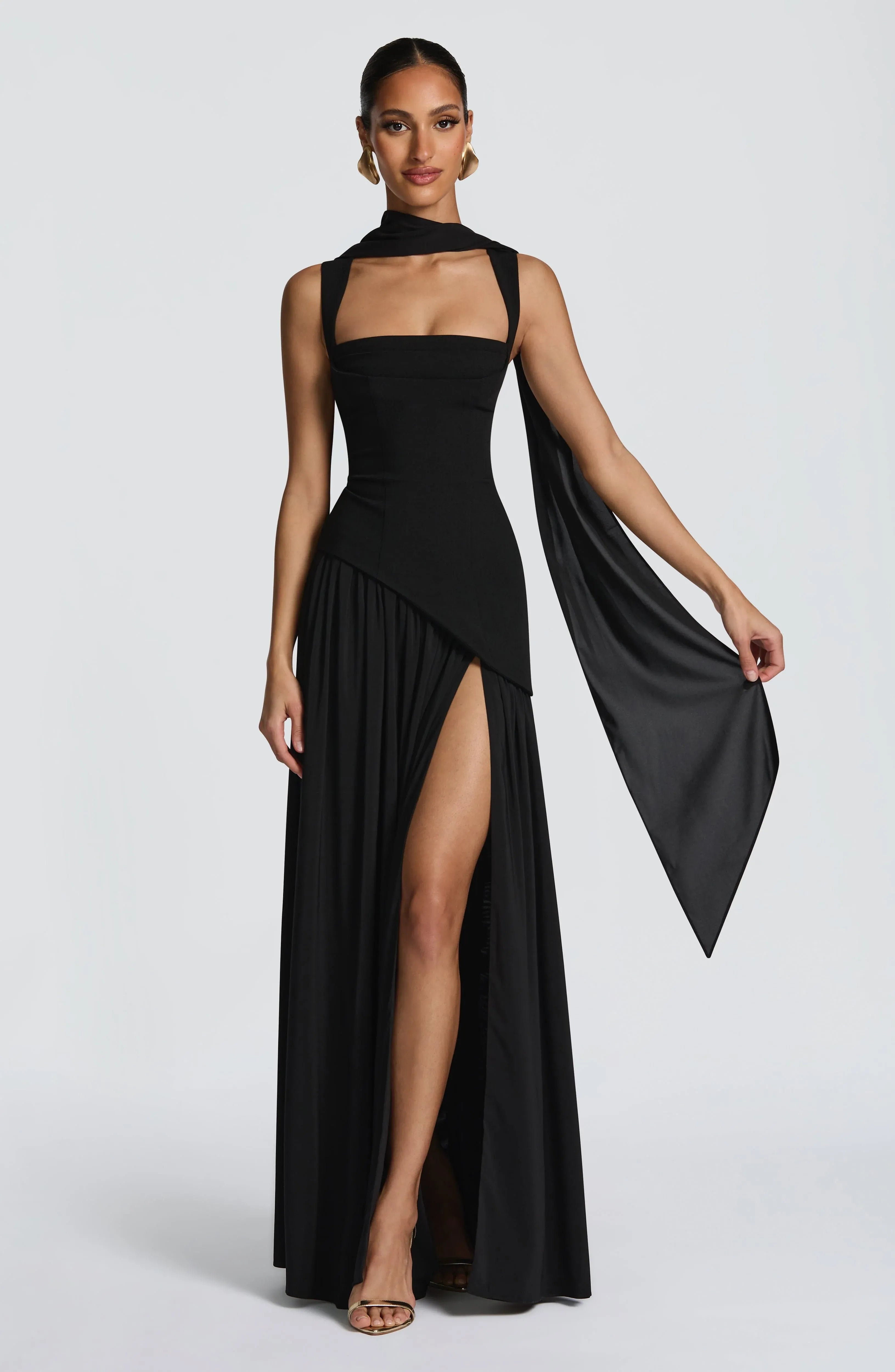 Square Wide Strap Choker Neck Asymmetrical Corset High Slit Black Two Fabric A Line Maxi Wedding Guest Dresses
