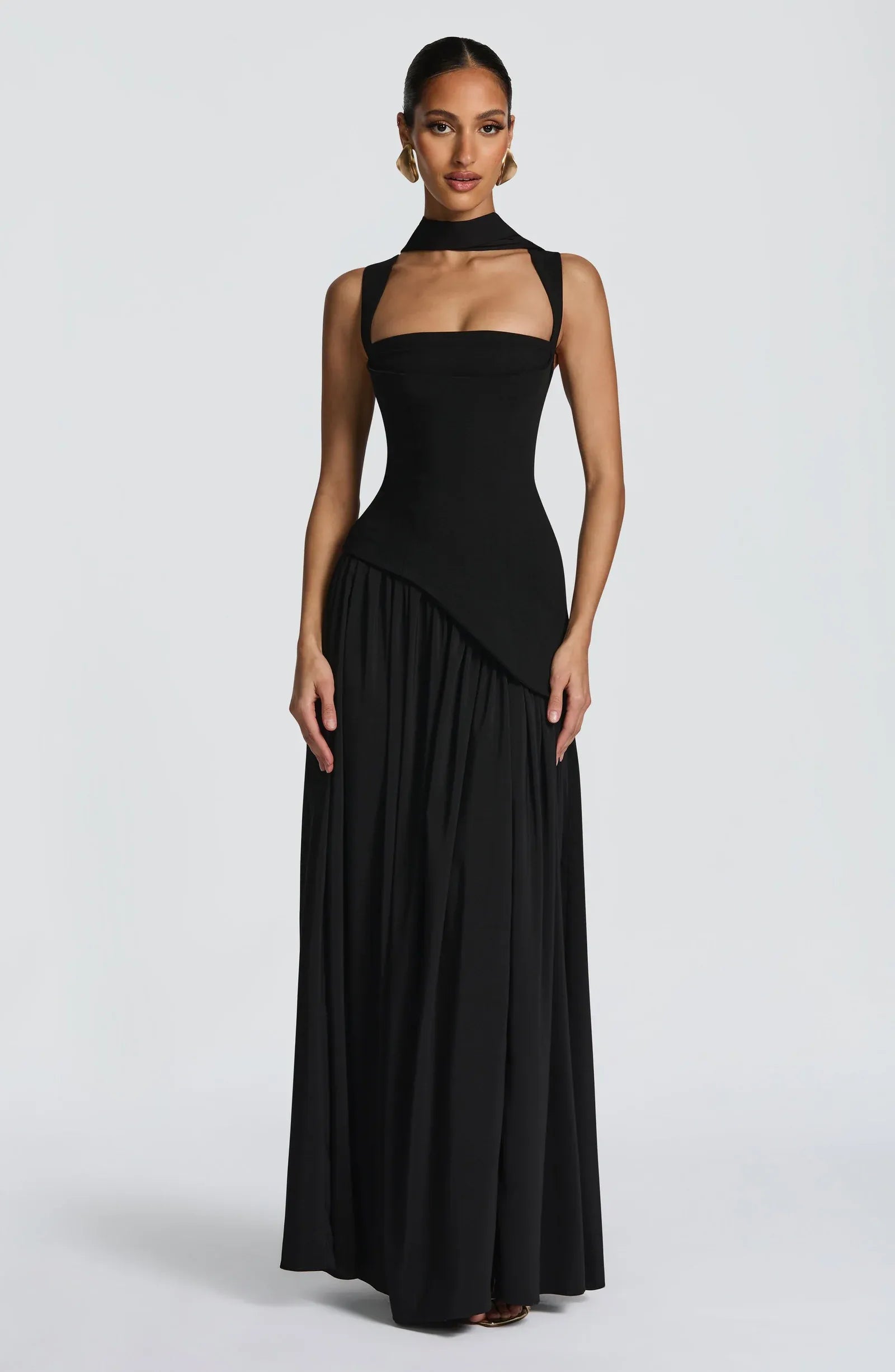 Square Wide Strap Choker Neck Asymmetrical Corset High Slit Black Two Fabric A Line Maxi Wedding Guest Dresses