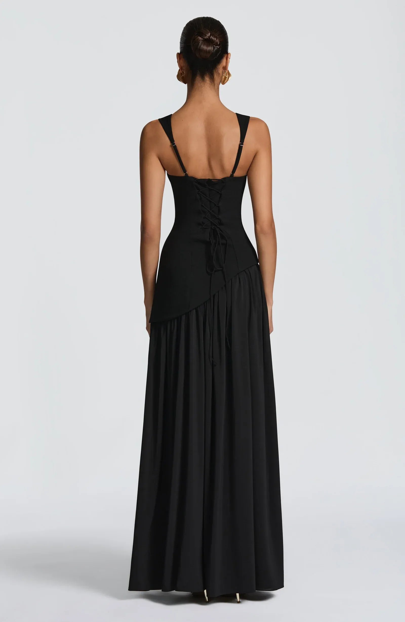 Square Wide Strap Choker Neck Asymmetrical Corset High Slit Black Two Fabric A Line Maxi Wedding Guest Dresses