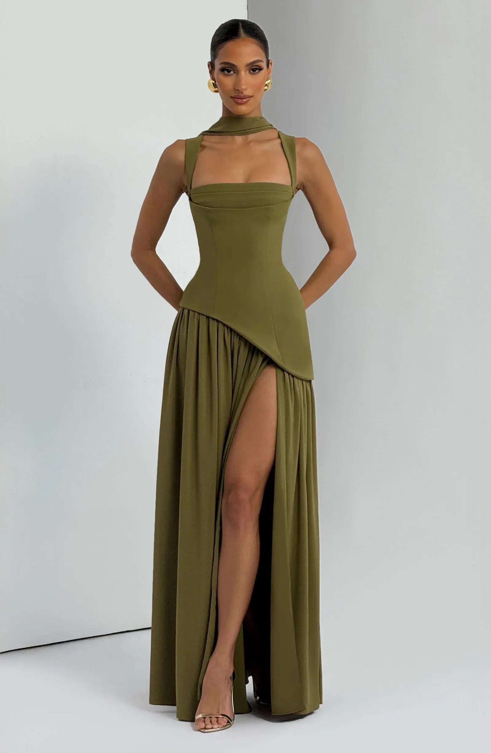 Square Wide Strap Choker Neck Asymmetrical Corset High Slit Olive Green Two Fabric A Line Maxi Wedding Guest Dresses
