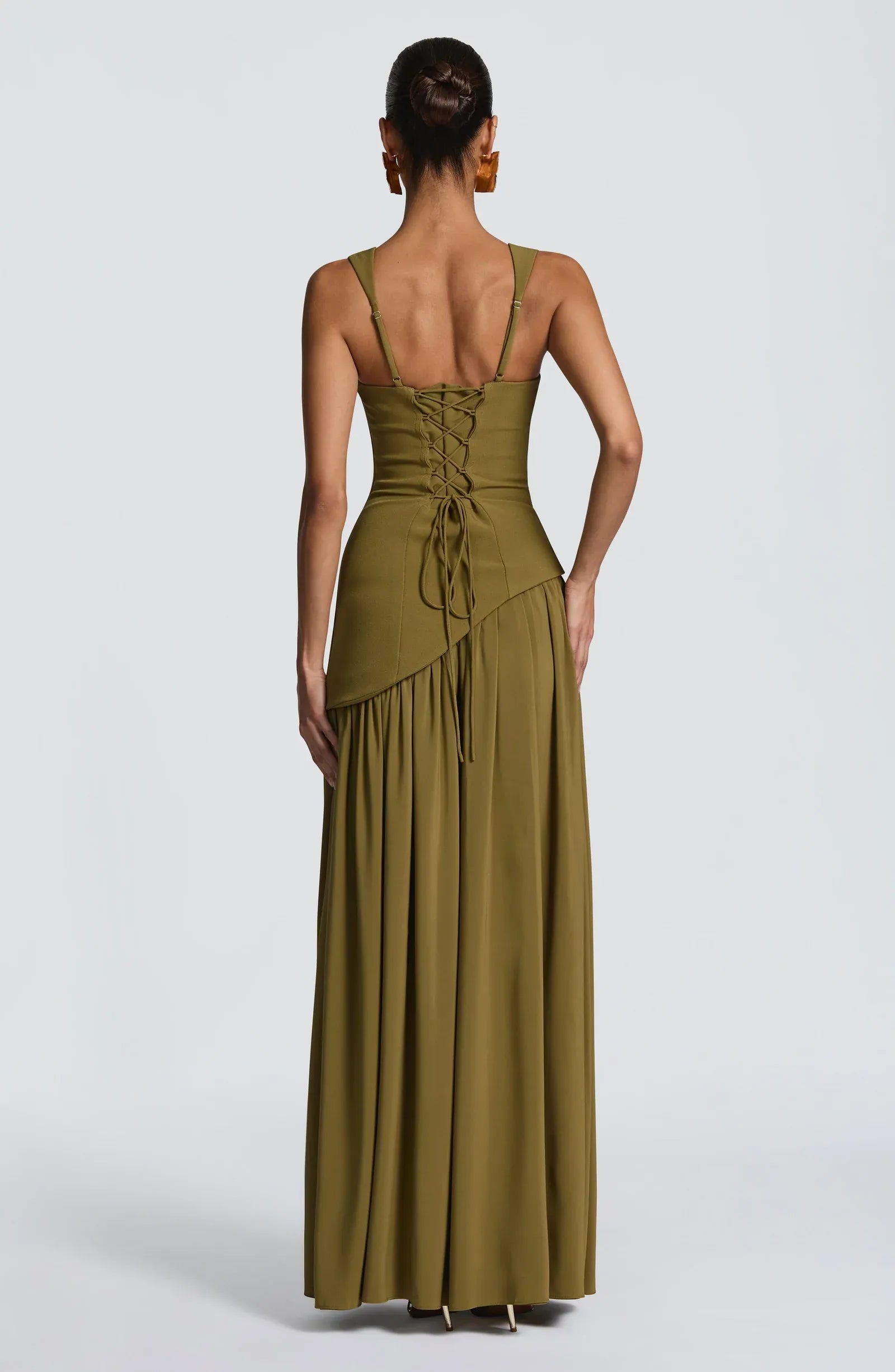 Square Wide Strap Choker Neck Asymmetrical Corset High Slit Olive Green Two Fabric A Line Maxi Wedding Guest Dresses