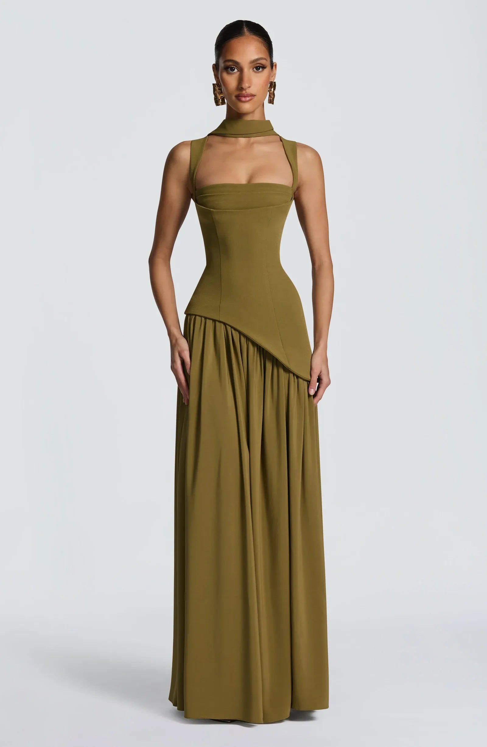 Square Wide Strap Choker Neck Asymmetrical Corset High Slit Olive Green Two Fabric A Line Maxi Wedding Guest Dresses