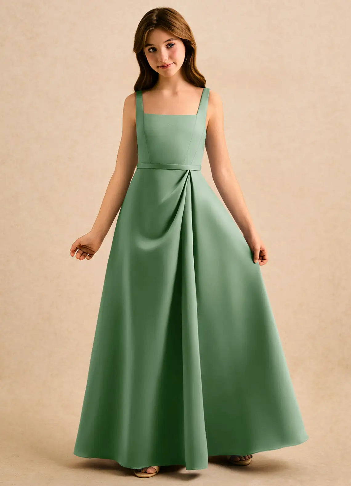Square Wide Strap Sage Green Satin Full-Length Junior Bridesmaid Dresses with Waist Sash and Front Pleat
