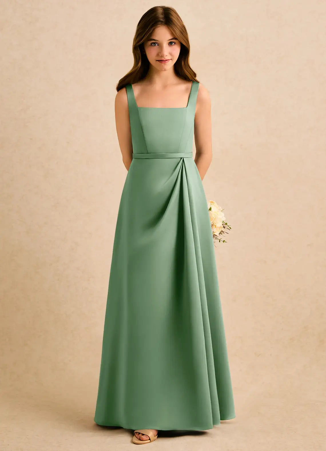 Square Wide Strap Sage Green Satin Full-Length Junior Bridesmaid Dresses with Waist Sash and Front Pleat
