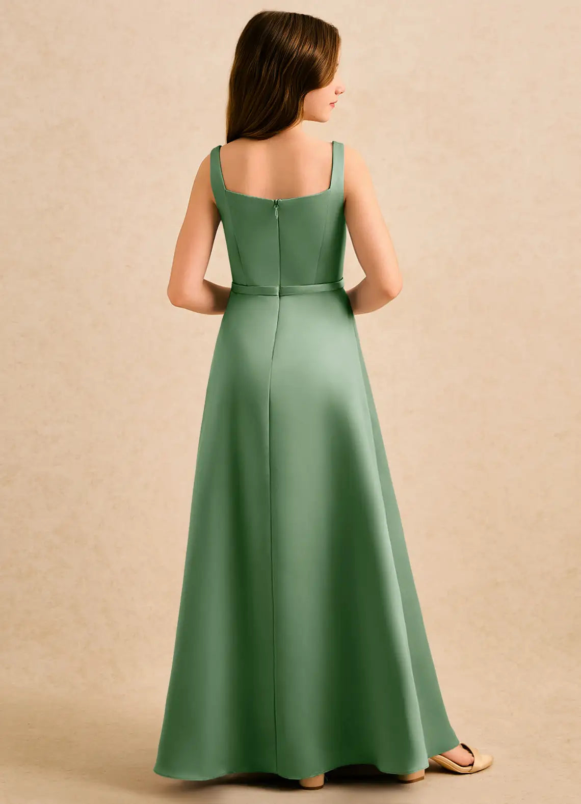 Square Wide Strap Sage Green Satin Full-Length Junior Bridesmaid Dresses with Waist Sash and Front Pleat
