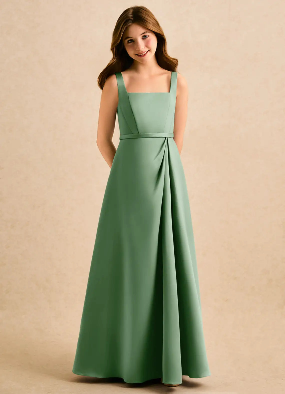 Square Wide Strap Sage Green Satin Full-Length Junior Bridesmaid Dresses with Waist Sash and Front Pleat