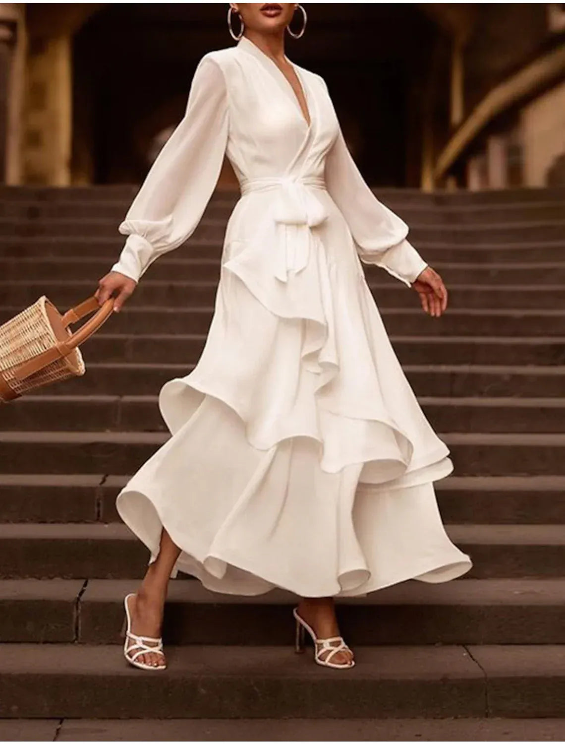 Stand‑Collared Long‑Sleeve Wrap‑Front Satin High‑Low Wedding Dress With Ruffle Skirt & Sash