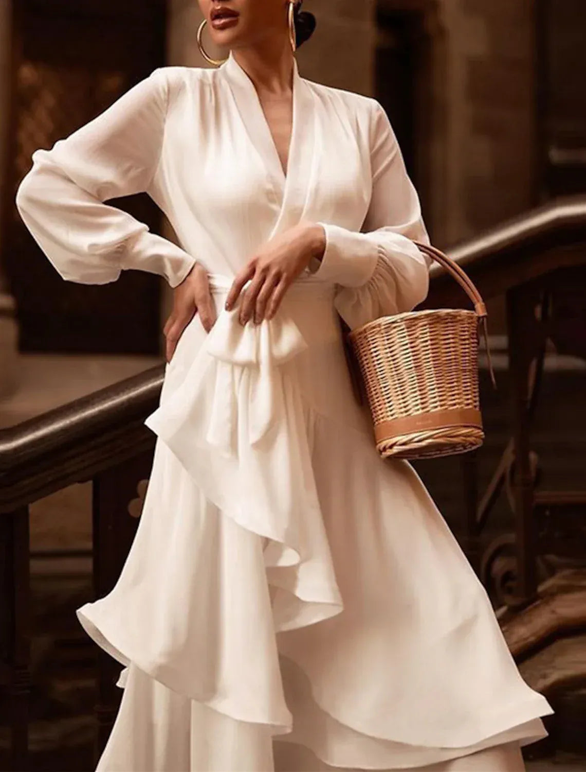 Stand‑Collared Long‑Sleeve Wrap‑Front Satin High‑Low Wedding Dress With Ruffle Skirt & Sash
