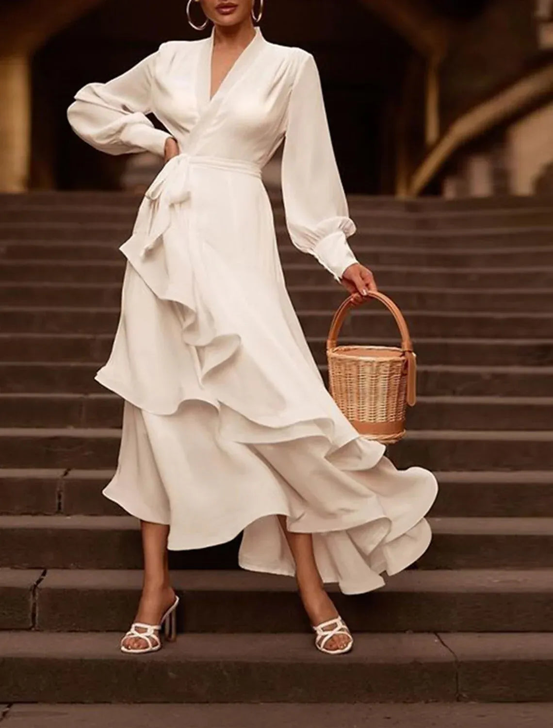 Stand‑Collared Long‑Sleeve Wrap‑Front Satin High‑Low Wedding Dress With Ruffle Skirt & Sash