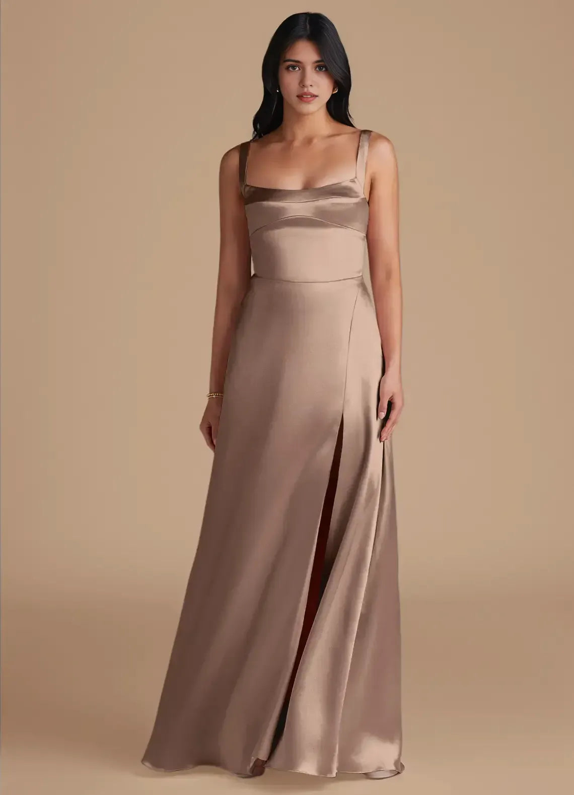 Straight Spaghetti Strap Pleated High Slit A Line Satin Long Bridesmaid Dress
