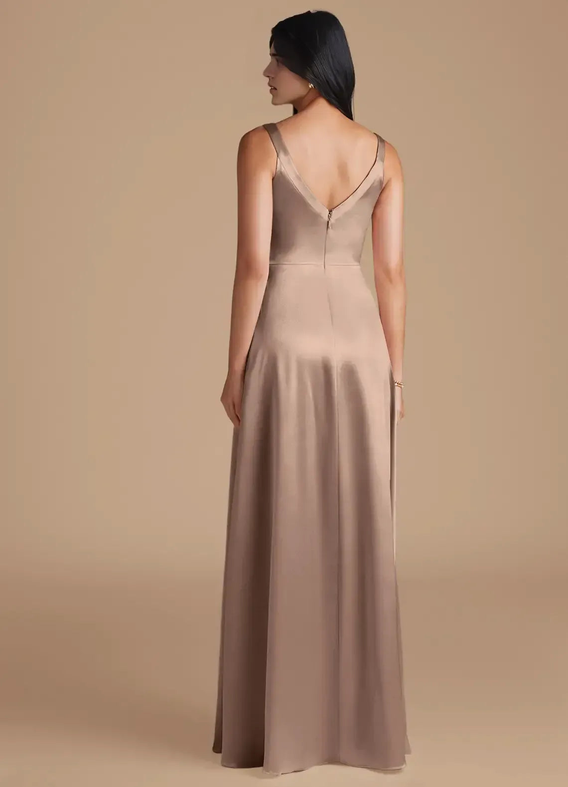 Straight Spaghetti Strap Pleated High Slit A Line Satin Long Bridesmaid Dress