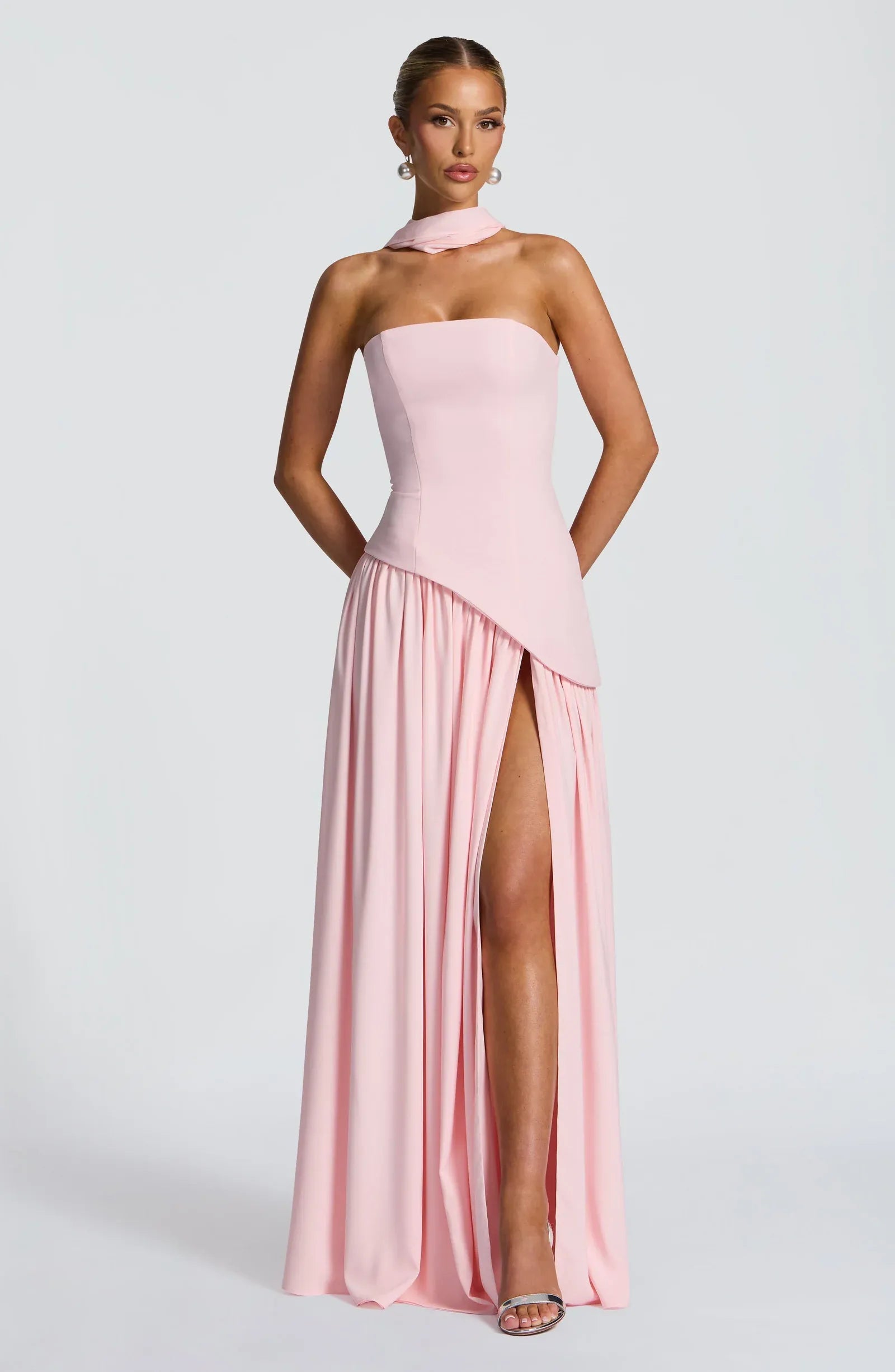 Strapless Asymmetrical Corset High Slit Choker Sash Blush Pink Two Fabric A Line Maxi Wedding Guest Dresses