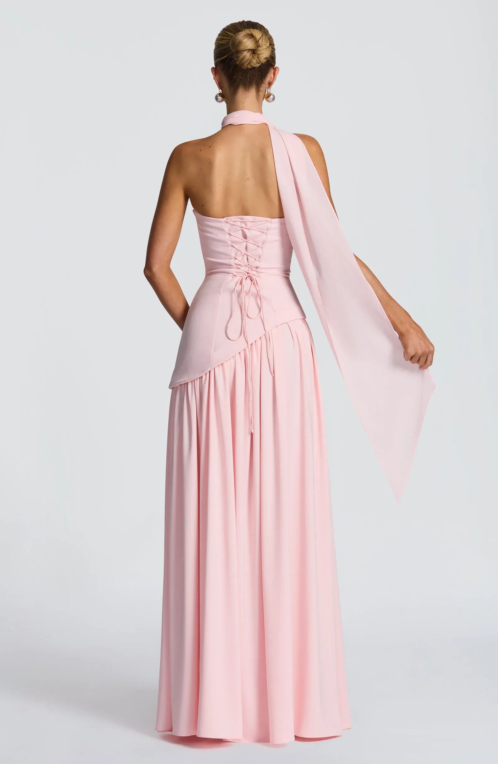 Strapless Asymmetrical Corset High Slit Choker Sash Blush Pink Two Fabric A Line Maxi Wedding Guest Dresses