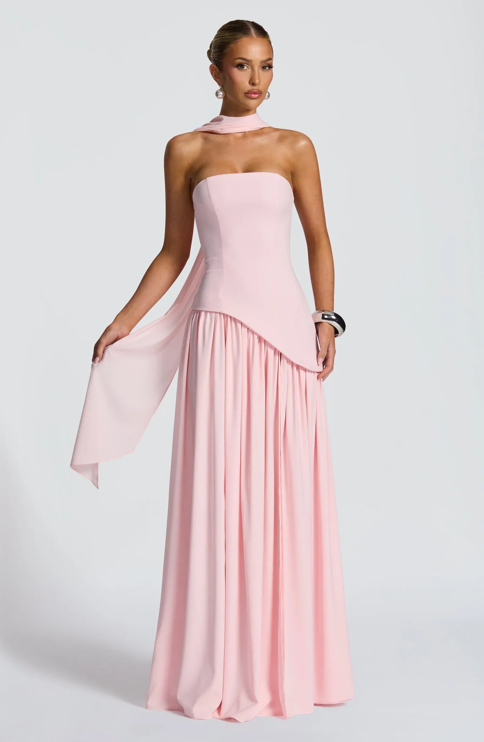 Strapless Asymmetrical Corset High Slit Choker Sash Blush Pink Two Fabric A Line Maxi Wedding Guest Dresses