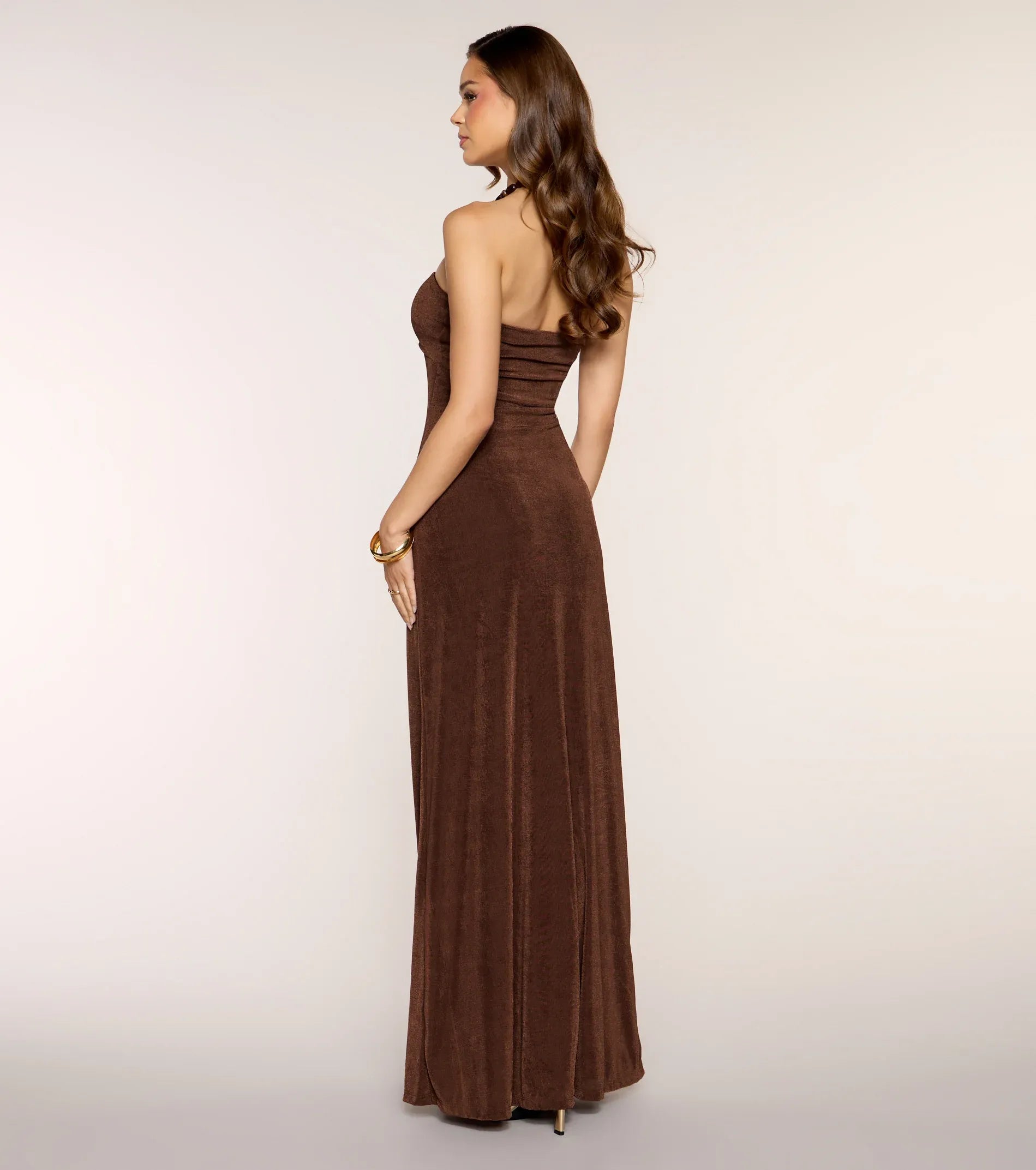 Strapless Beaded Halter Draped Front Midi Maxi Column Slinky Wedding Guest Dress