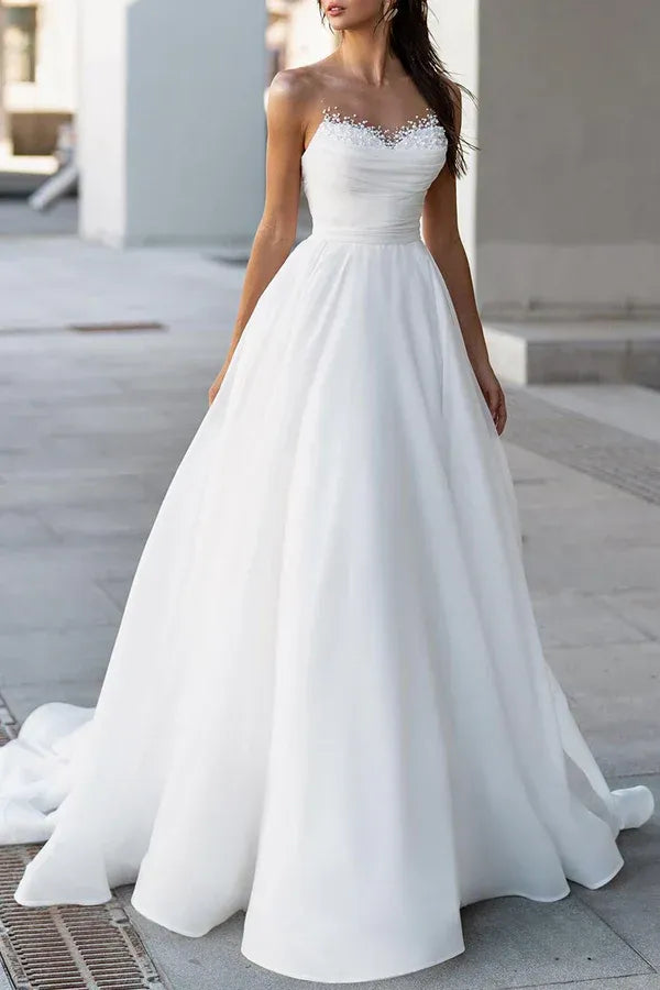 Strapless Beaded Pearl Sweetheart Ruched Soft Chiffon A-Line Wedding Dress