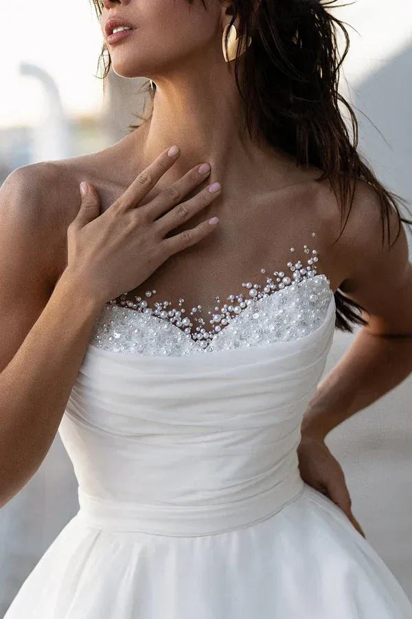 Strapless Beaded Pearl Sweetheart Ruched Soft Chiffon A-Line Wedding Dress