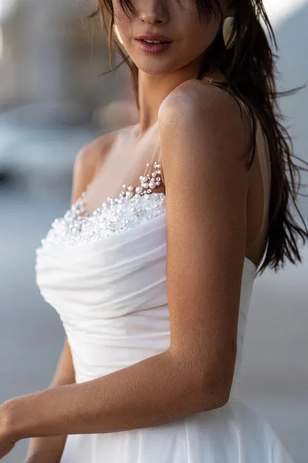 Strapless Beaded Pearl Sweetheart Ruched Soft Chiffon A-Line Wedding Dress